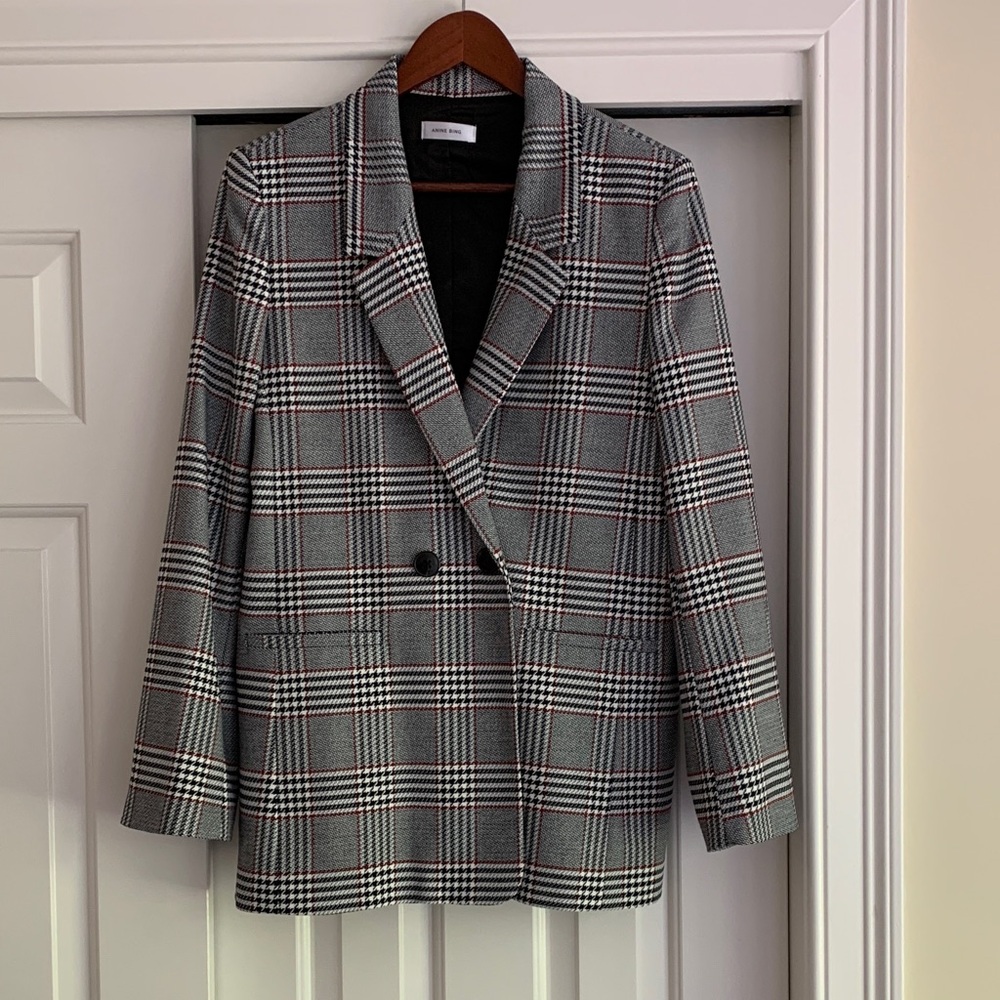 Anine Bing Black and White Plaid Blazer